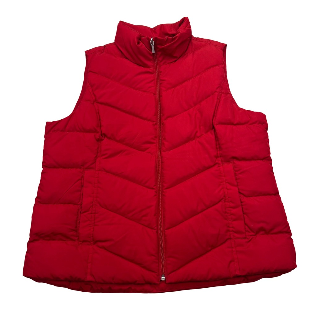 Lands End Puffer Vest Womens L/P Red Down Feathers Quilted Full Zip Sleeveless